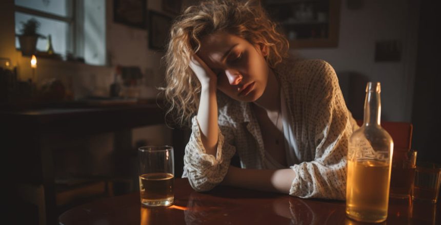 Mujer hundida en el alcohol