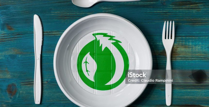 top view of a recyclable plastic dish with environmental green logo